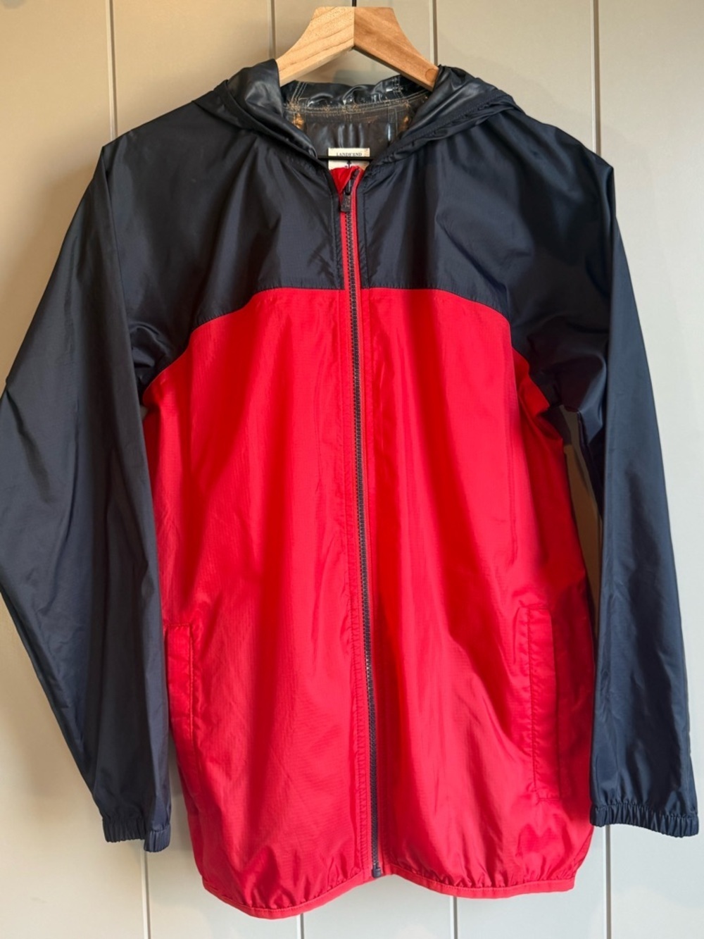 LANDS END Kids 14 / 16 Large Rain Coat Windproof Jacket Blue Red Packable Hood